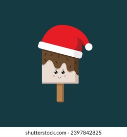 Christmas vector: Illustration of a cute ice cream wearing a red Santa hat. Suitable for Christmas mascots, t-shirt printing, children's books, and more."