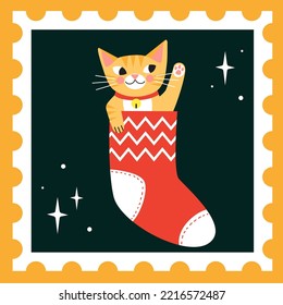 Christmas vector illustration. Cute orange cartoon cat in sock. Hand drawn holiday invitation, label card.