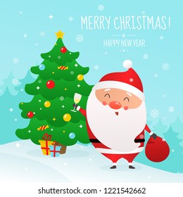 Christmas vector illustration. Cute Santa Claus and Christmas tree.