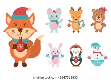 Christmas vector illustration. Cute wildlife animals in xmas costumes including pug, hare and reindeer. Funny santa characters for winter celebration. Merry holiday card design for children.

