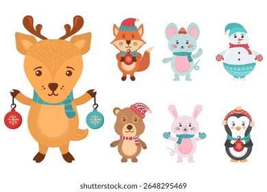 Christmas vector illustration. Cute wildlife animals in xmas costumes including pug, hare and reindeer. Funny santa characters for winter celebration. Merry holiday card design for children.

