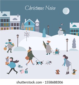 Christmas vector illustration of cute winter village with people. Christmas noise