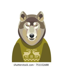 Christmas vector illustration of cute wolf in a sweater on white background