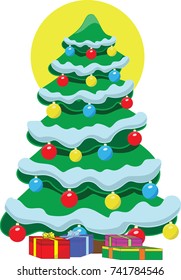 Christmas vector illustration of decorated Christmas tree colorful balls. Under the tree gifts.
