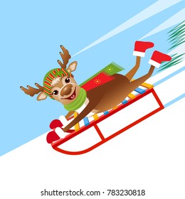 Christmas vector illustration. Deer on the sled.
