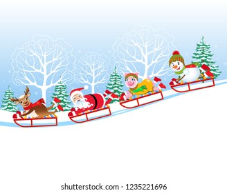 Christmas vector illustration.  Deer and Santa and pig and snowman ride down  on a sled.