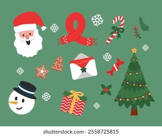 Christmas Vector Illustration design set, christmas element illustration, candy, trees, deer, santa claus, snowman, gingerbread cookies, snow flake.