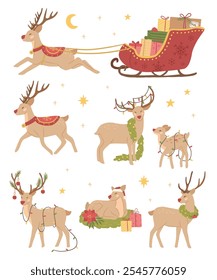 Christmas vector illustration of different random reindeer decorations 