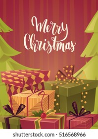 Christmas vector illustration. Different wrapped gift boxes and christmas trees. Cartoon style.