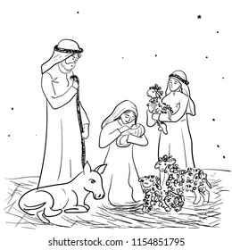 Christmas. Vector illustration of a diva of Mary with a child Jesus in her arms in a manger. Shepherds and Lambs