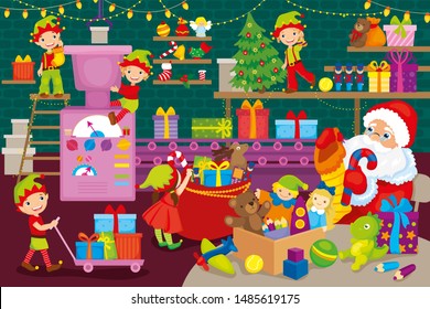 Christmas vector illustration of elves together with Santa Claus lay out and pack gifts for children