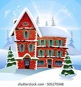 Christmas vector illustration with fabulous snowy red cottage at winter landscape and firs flat vector illustration 