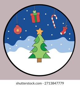 Christmas vector illustration featuring snowflakes, gift boxes, candy canes, decorated Christmas tree, festive ornaments, and joyful holiday decorations in a cheerful winter theme. December 25