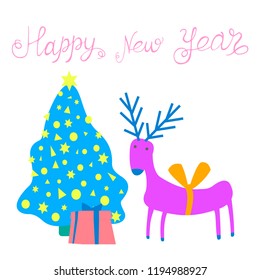 Christmas vector illustration with a festive Christmas tree deer and a gift on a white background.