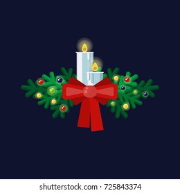 Christmas Vector Illustration With Fir Branches, Candles, Garland And A Red Bow On A Dark Blue Background.