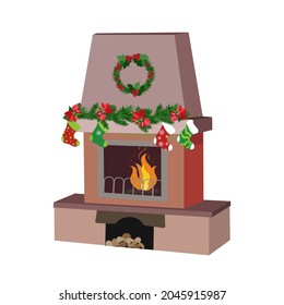 Christmas vector illustration of a fireplace with festive attributes on a white isolated background. Template for postcard, poster and web design.