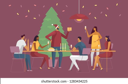 Christmas vector illustration in flat design. Young men and women celebrate at the same table. Template for your design. Merry christmas and Happy new year. 