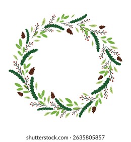 Christmas vector illustration of floral wreath isolated on white background. Circle frame of season greeting card.