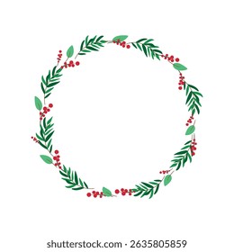 Christmas vector illustration of floral wreath isolated on white background. Circle frame of season greeting card.