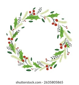 Christmas vector illustration of floral wreath isolated on white background. Circle frame of season greeting card.