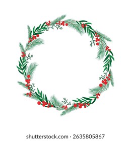 Christmas vector illustration of floral wreath isolated on white background. Circle frame of season greeting card.