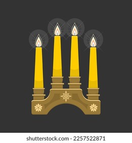 Christmas vector illustration. Four Advent candles lit in anticipation of the birth of Jesus Christ.