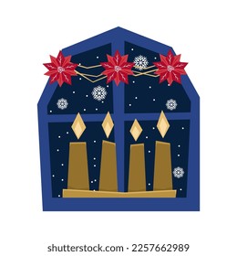Ilustración vectorial de Navidad. Cuatro velas de Advenimiento iluminadas en anticipación al nacimiento de Jesucristo.