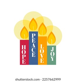 Christmas vector illustration. Four Advent candles lit in anticipation of the birth of Jesus Christ.