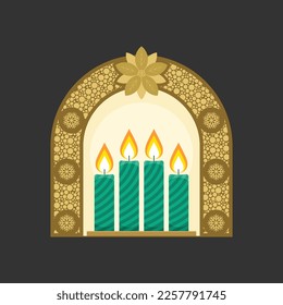 Christmas vector illustration. Four Advent candles lit in anticipation of the birth of Jesus Christ.