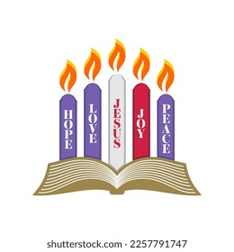 Christmas vector illustration. Four Advent candles lit in anticipation of the birth of Jesus Christ.
