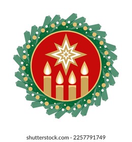 Christmas vector illustration. Four Advent candles lit in anticipation of the birth of Jesus Christ, framed by a spruce wreath.