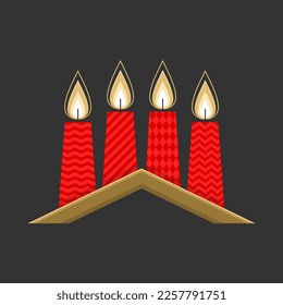 Christmas vector illustration. Four Advent candles lit in anticipation of the birth of Jesus Christ.