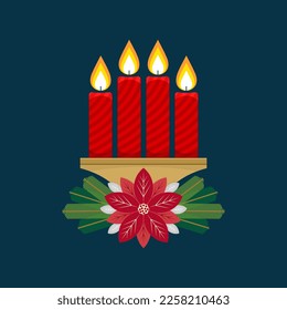 Christmas vector illustration. Four Advent candles lit in anticipation of the birth of Jesus Christ.