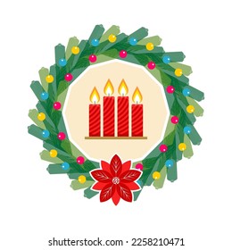 Christmas vector illustration. Four Advent candles lit in anticipation of the birth of Jesus Christ, framed by a spruce wreath.