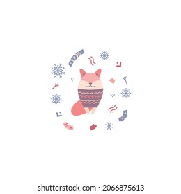 Christmas vector illustration. A fox in a sweater on a background of snowflakes and elements of folk ornament. Suitable for cards,  invitations, greetings and others