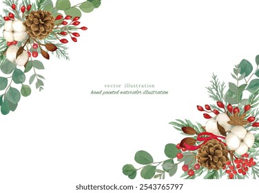 Christmas vector illustration frame with pine cones and cotton flowers