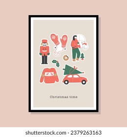 Christmas vector illustration in a frame template for poster design, greeting card, banner, wallpaper