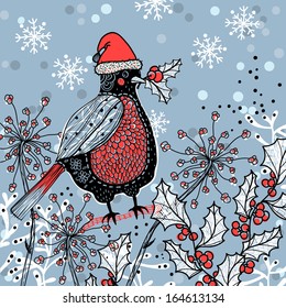 Christmas vector illustration of a funny bird and holly berries