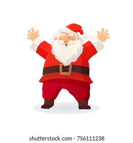 Christmas vector illustration. Funny cartoon Santa Claus with red hat holding hands up and greeting. Great For Christmas and New Year cards, posters, gift tags and labels, website decoration