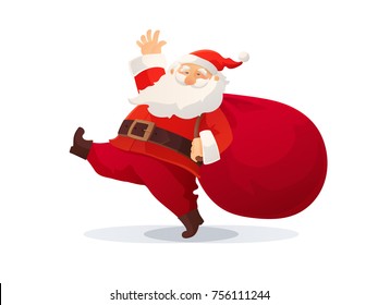 Christmas vector illustration. Funny cartoon Santa Claus with huge red bag with presents. Red Santa hat. Great For Christmas and New Year posters, gift tags and labels, website decoration