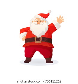 Christmas vector illustration. Funny cartoon Santa Claus with red hat waving his hand and greeting. Great For Christmas and New Year cards, posters, gift tags and labels, website decoration