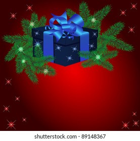 Christmas vector illustration with fur-tree branches and a gift box on a red background