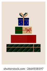 Ilustración vectorial de Navidades. Cajas de regalo apiladas como un árbol de Navidad. Anuncio, marco, tarjeta de Navidad.