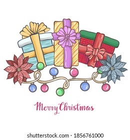 Christmas vector illustration with gifts, garlands, poinsettia. Handmade, card for you, prints on T-shirts