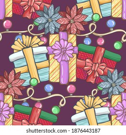 Christmas vector illustration with gifts, garlands, poinsettia. dark background, seamless pattern