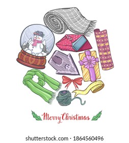 Christmas vector illustration with gifts, christmas snow globes, wrapping paper, tape, wrapping twine, plaid blanket, scarf. Handmade, card for you, prints on T-shirts