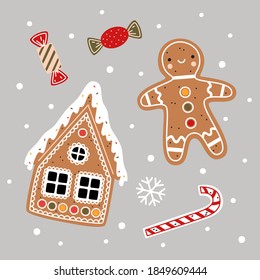 Christmas vector illustration. Gingerbread house, gingerbread man, candy cane and candies in flat cartoon style. New Year decorative elements