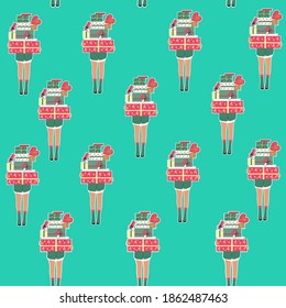 Christmas vector illustration with girls and gifts seamless pattern on a blue background