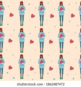 Christmas vector illustration with girls and gifts seamless pattern. Heart shaped boxes