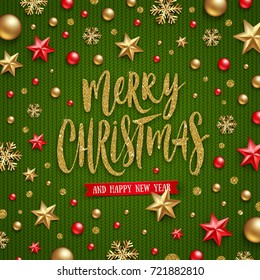 Christmas vector illustration - Glitter gold Holiday greeting and Christmas decoration on a knitting green background